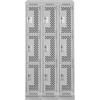 Clean Line Lockers, 3 -tier, Bank of 3, 36" x 12" x 82", Steel, Grey, Rivet (Assembled), Perforated Pronet Distribution