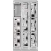 Clean Line Lockers, 3 -tier, Bank of 3, 36" x 12" x 82", Steel, Grey, Rivet (Assembled), Perforated Pronet Distribution