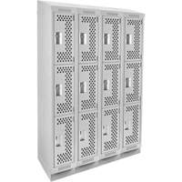 Clean Line Lockers, 3 -tier, Bank of 4, 48" x 12" x 82", Steel, Grey, Rivet (Assembled), Perforated Pronet Distribution