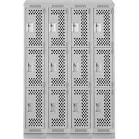 Clean Line Lockers, 3 -tier, Bank of 4, 48" x 12" x 82", Steel, Grey, Rivet (Assembled), Perforated Pronet Distribution