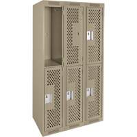 Clean Line Lockers, 2 -tier, Bank of 3, 36" x 15" x 72", Steel, Beige, Rivet (Assembled), Perforated Pronet Distribution
