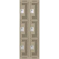 Clean Line Lockers, 3 -tier, Bank of 2, 24" x 12" x 72", Steel, Beige, Rivet (Assembled), Perforated Pronet Distribution