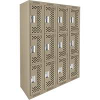 Clean Line Lockers, 3 -tier, Bank of 4, 48" x 12" x 72", Steel, Beige, Rivet (Assembled), Perforated Pronet Distribution
