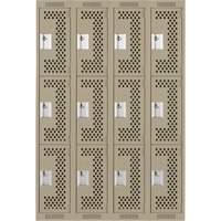 Clean Line Lockers, 3 -tier, Bank of 4, 48" x 12" x 72", Steel, Beige, Rivet (Assembled), Perforated Pronet Distribution