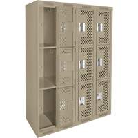 Clean Line Lockers, 3 -tier, Bank of 4, 48" x 12" x 72", Steel, Beige, Rivet (Assembled), Perforated Pronet Distribution