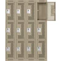 Clean Line Lockers, 3 -tier, Bank of 4, 48" x 12" x 72", Steel, Beige, Rivet (Assembled), Perforated Pronet Distribution