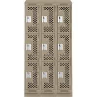 Clean Line Lockers, 3 -tier, Bank of 3, 36" x 12" x 82", Steel, Beige, Rivet (Assembled), Perforated Pronet Distribution