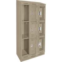 Clean Line Lockers, 3 -tier, Bank of 3, 36" x 12" x 82", Steel, Beige, Rivet (Assembled), Perforated Pronet Distribution