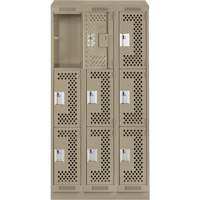 Clean Line Lockers, 3 -tier, Bank of 3, 36" x 12" x 82", Steel, Beige, Rivet (Assembled), Perforated Pronet Distribution