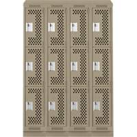 Clean Line Lockers, 3 -tier, Bank of 4, 48" x 12" x 82", Steel, Beige, Rivet (Assembled), Perforated Pronet Distribution