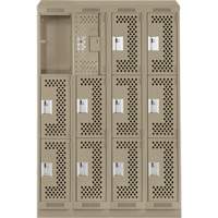 Clean Line Lockers, 3 -tier, Bank of 4, 48" x 12" x 82", Steel, Beige, Rivet (Assembled), Perforated Pronet Distribution