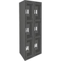 Clean Line Lockers, 3 -tier, Bank of 2, 24" x 12" x 72", Steel, Charcoal, Rivet (Assembled), Perforated Pronet Distribution