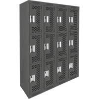 Clean Line Lockers, 3 -tier, Bank of 4, 48" x 12" x 72", Steel, Charcoal, Rivet (Assembled), Perforated Pronet Distribution
