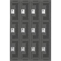 Clean Line Lockers, 3 -tier, Bank of 4, 48" x 12" x 72", Steel, Charcoal, Rivet (Assembled), Perforated Pronet Distribution