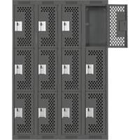 Clean Line Lockers, 3 -tier, Bank of 4, 48" x 12" x 72", Steel, Charcoal, Rivet (Assembled), Perforated Pronet Distribution