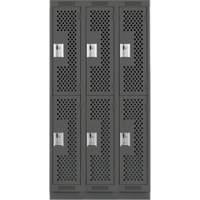 Clean Line Lockers, 2 -tier, Bank of 3, 36" x 15" x 76", Steel, Charcoal, Rivet (Assembled), Perforated Pronet Distribution