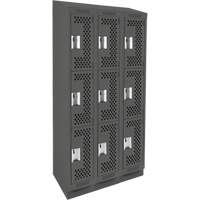Clean Line Lockers, 3 -tier, Bank of 3, 36" x 12" x 82", Steel, Charcoal, Rivet (Assembled), Perforated Pronet Distribution