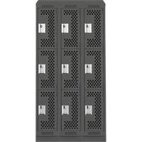 Clean Line Lockers, 3 -tier, Bank of 3, 36" x 12" x 82", Steel, Charcoal, Rivet (Assembled), Perforated Pronet Distribution