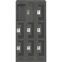 Clean Line Lockers, 3 -tier, Bank of 3, 36" x 12" x 82", Steel, Charcoal, Rivet (Assembled), Perforated Pronet Distribution