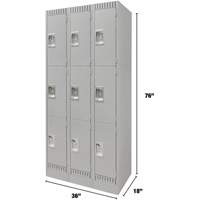 Lockers, 3 -tier, Bank of 3, 36" x 18" x 76", Steel, Grey, Knocked Down Pronet Distribution