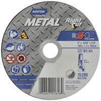 Meule &agrave; tronçonner m&eacute;tallique pour coupe &agrave; angle droit RightCut, 4-1/2" x 0,04", Arbre de 7/8", Type 01/41, Oxyde d'aluminium, 13580 Tr/min Pronet Distribution